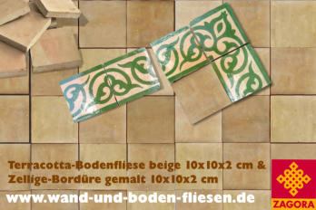 Handgemalte und doppelt glasierte Bordüren, passend zu Terracotta-Bodenplatten in beige
