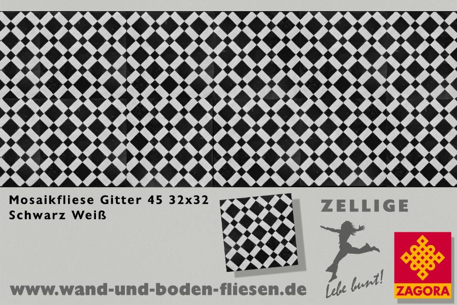 Mosaikfliese 30x30 cm Gitter 45 schwarz weiss ZEMo-1004 c